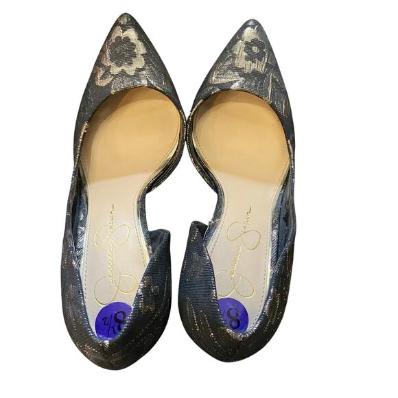 Jessica Simpson Livvy Pointed Toe Pumps Black Gold Foil Floral Print Size 8.5 - Picture 2 of 12